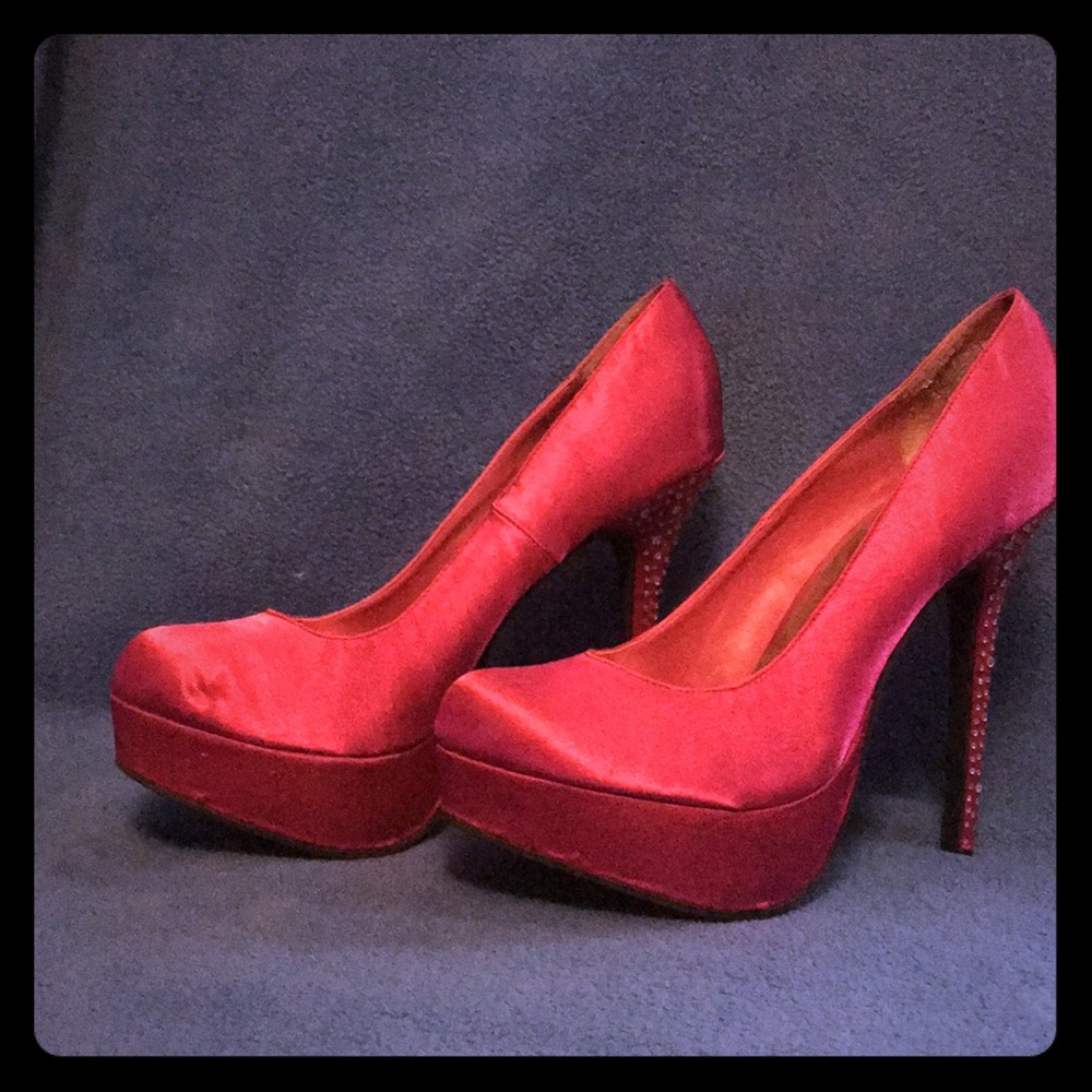 Hot pink satin heels with jeweled heels
